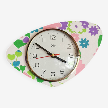 Horloge vintage pendule murale silencieuse asymétrique "Fleurs violet vert rose"