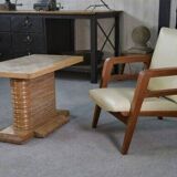 Modernist armchair in mahogany and skai 1940-1950