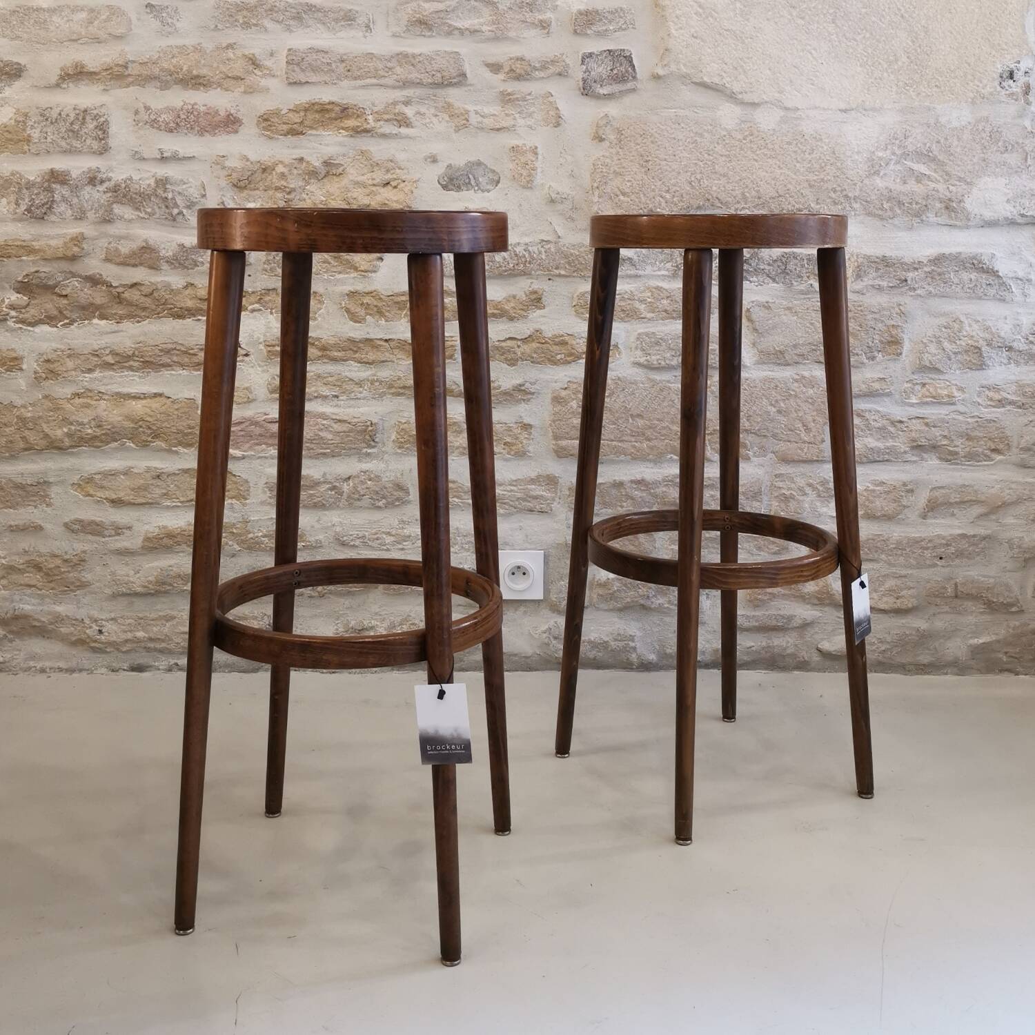 Pair of Baumann wooden high stools