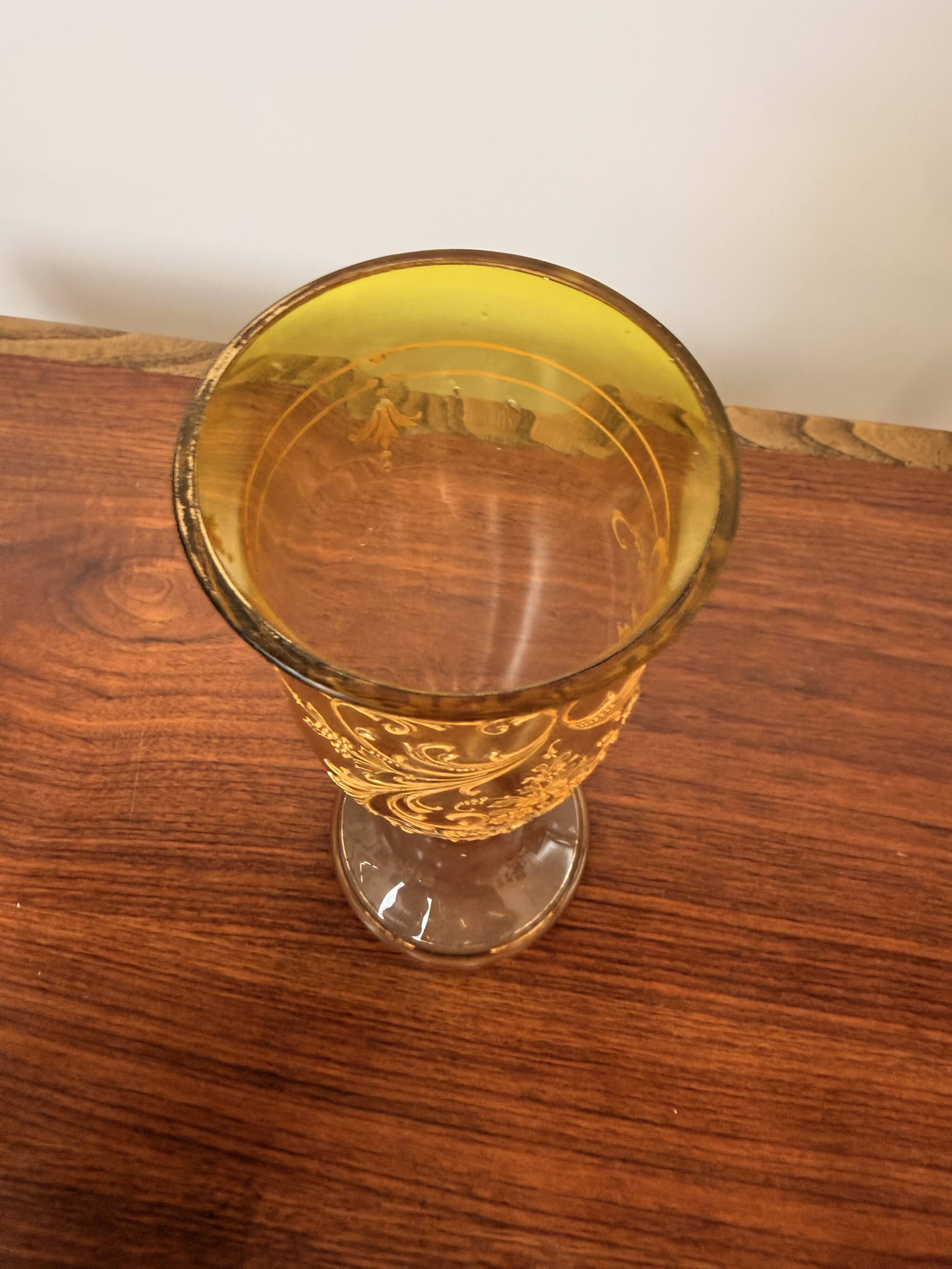 Antique legras vase in yellow glass with golden floral decoration – art nouveau