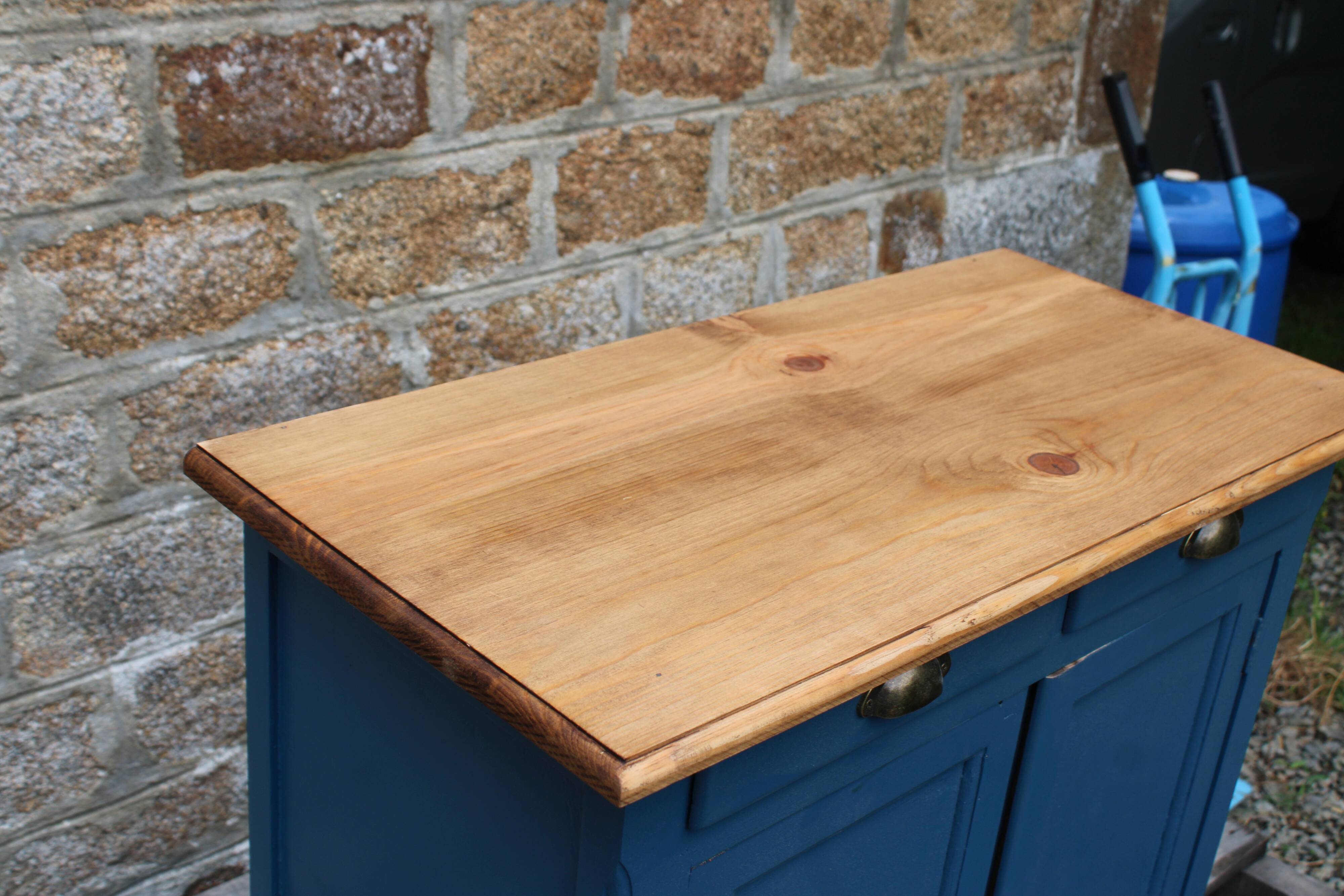 Vintage deep blue Parisian sideboard & natural wood top