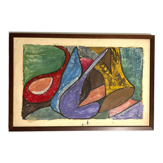 1950s French Vintage Modernist Avant-garde oil painting on paper. Abstract composition. Vintage des