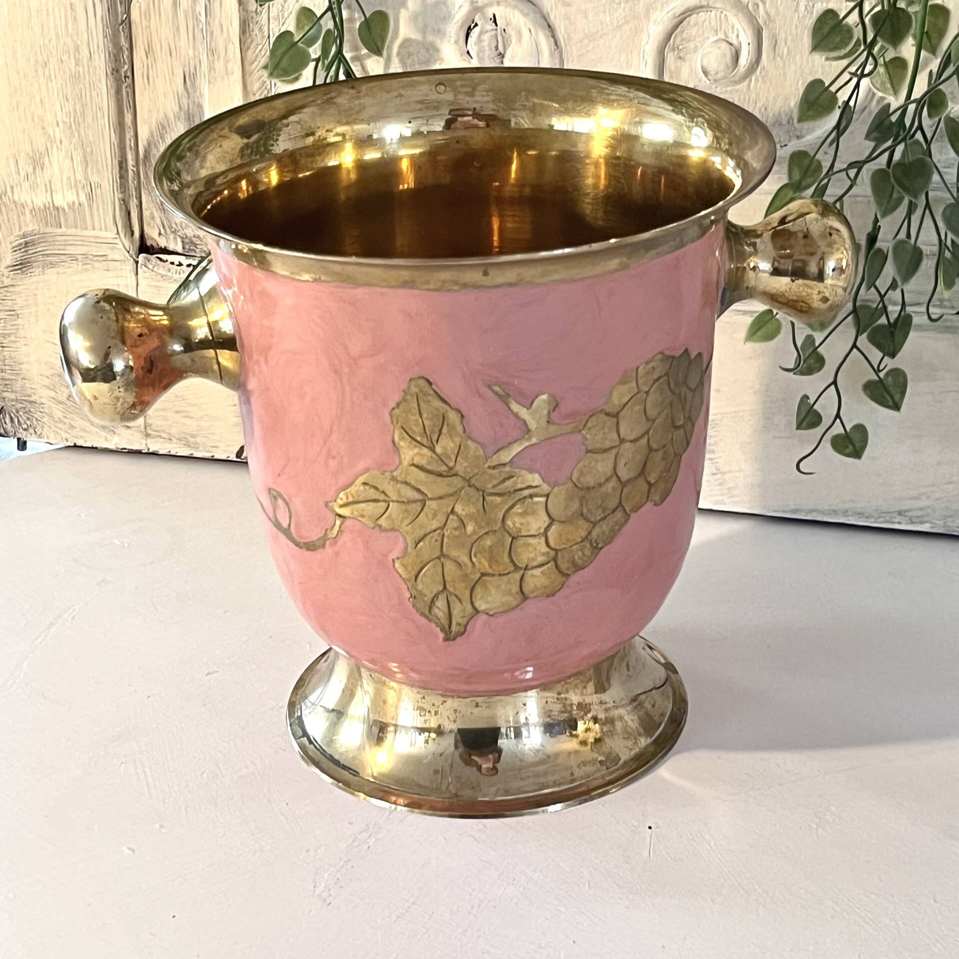 Enamel Ice Bucket – Vintage French Pink Gilt Grapevine Champagne Coole