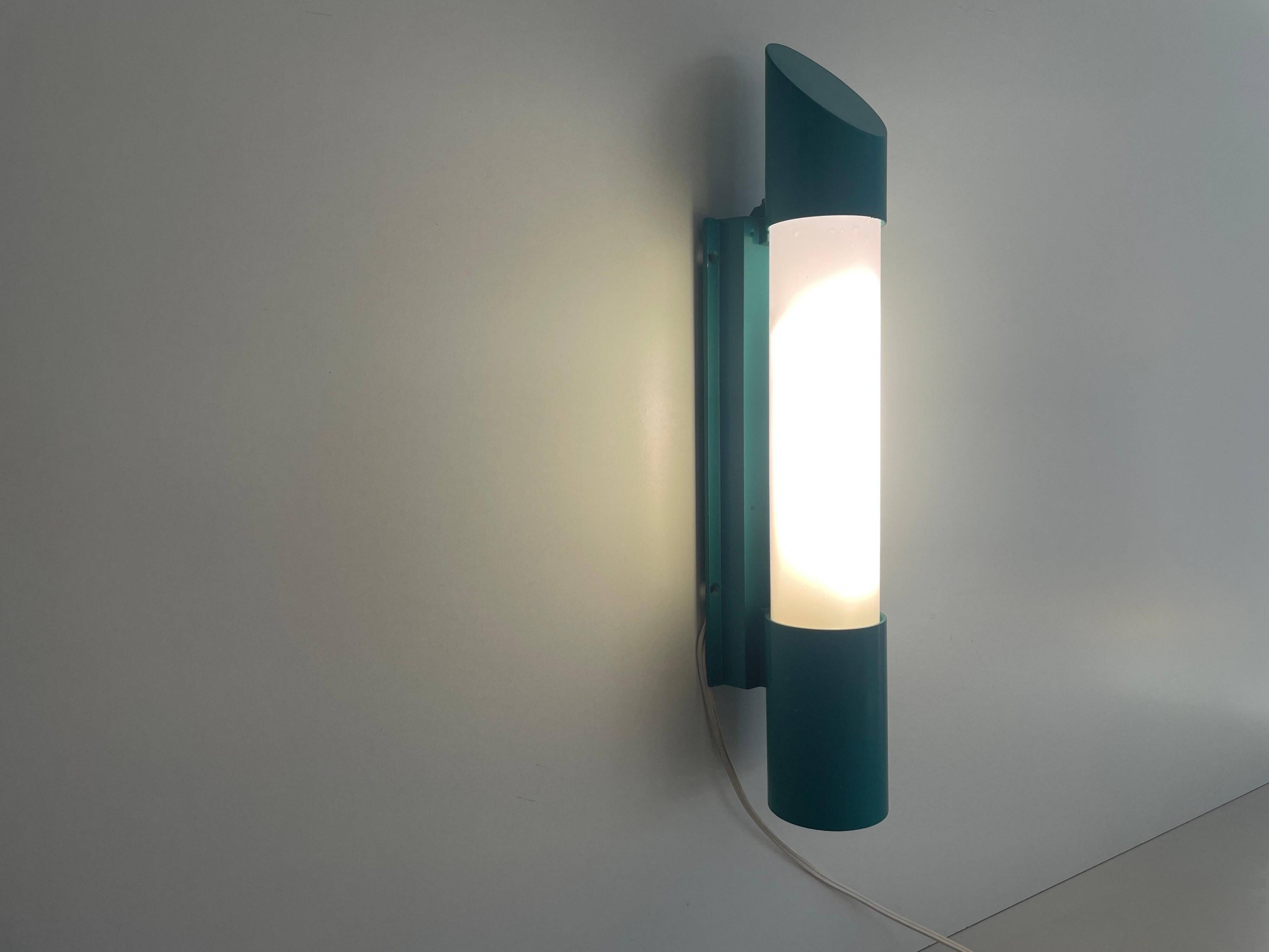 Simple cylindrical wall light in opal glass and turquoise metal, 1970s, Germany