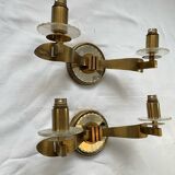 Vintage pair of art deco brass and mirrored glass wall lights France 1940