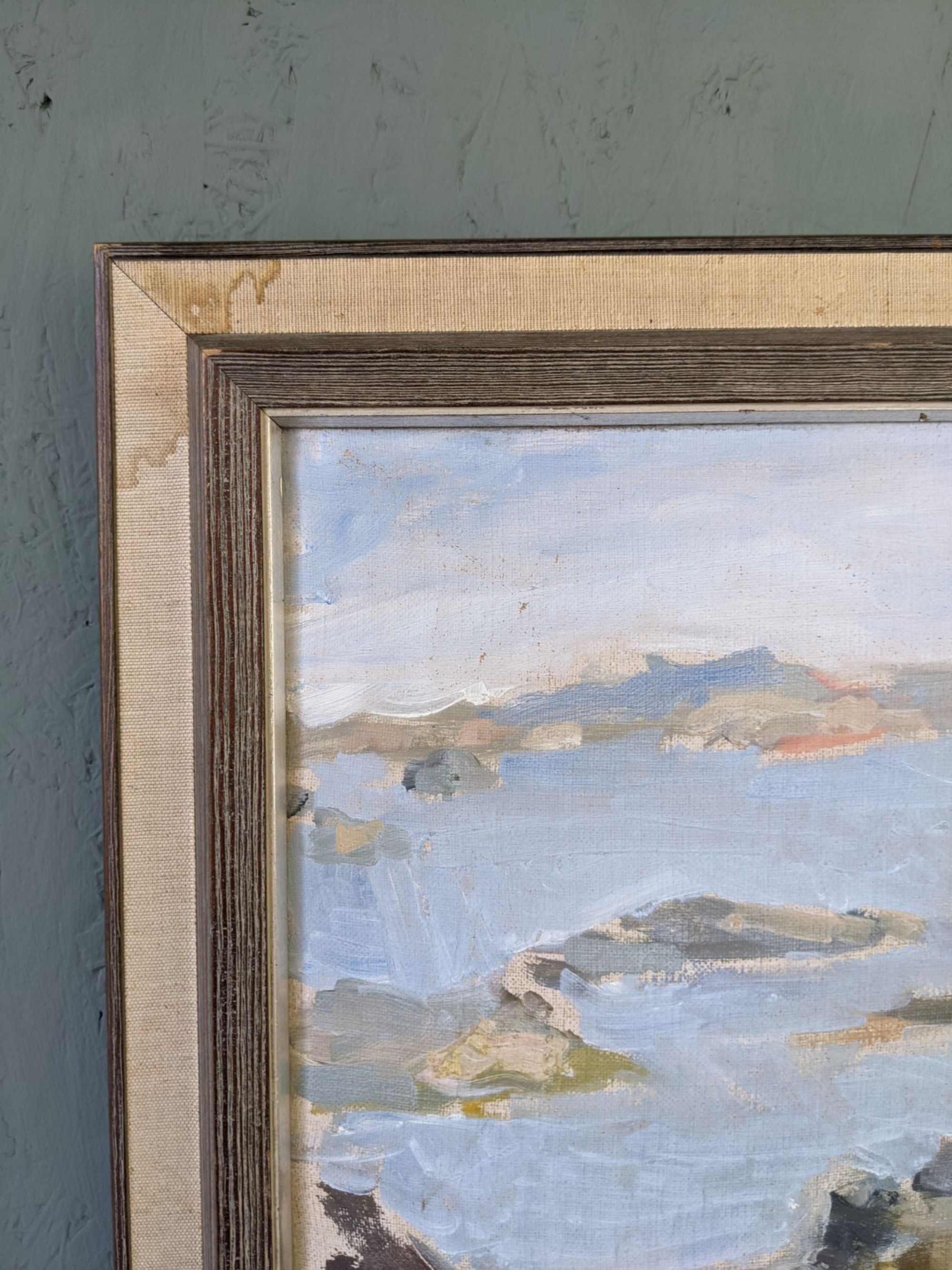 Mid-century modern swedish "archipelago boats" vintage seascape, framed oil painting