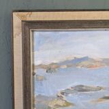 Mid-century modern swedish "archipelago boats" vintage seascape, framed oil painting