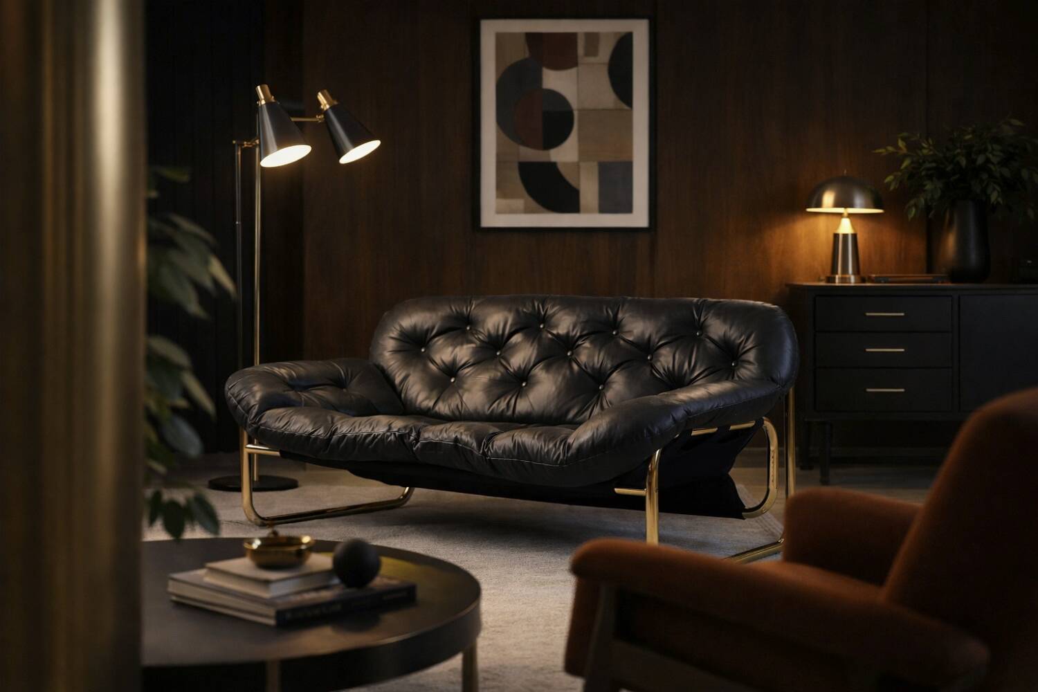 Vintage Mid-Century Scandinavian Modern Glamour Leather Black & Gold Sofa