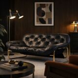 Vintage Mid-Century Scandinavian Modern Glamour Leather Black & Gold Sofa