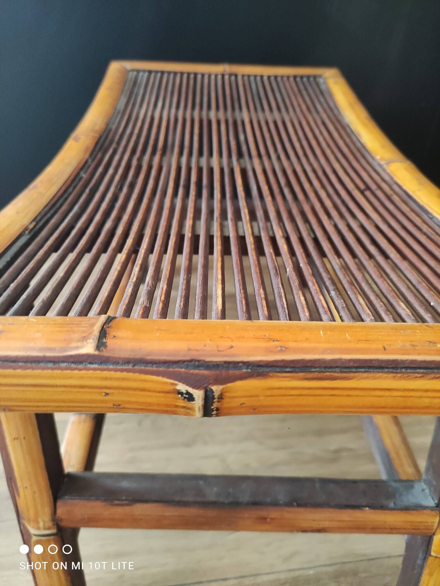 Vintage Asian stool or footrest in honey bamboo and brown rattan