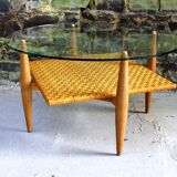 Vintage coffee table in woven wicker and rattan glass from the 60s/70s