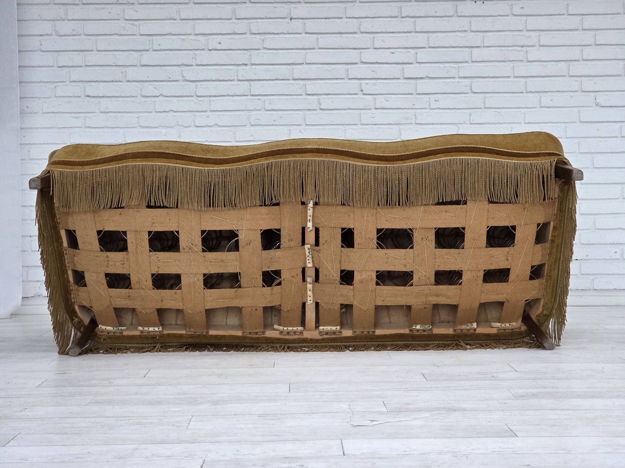 1960s, Danish 3-seater sofa, honey-yellow furniture velour, beech wood.