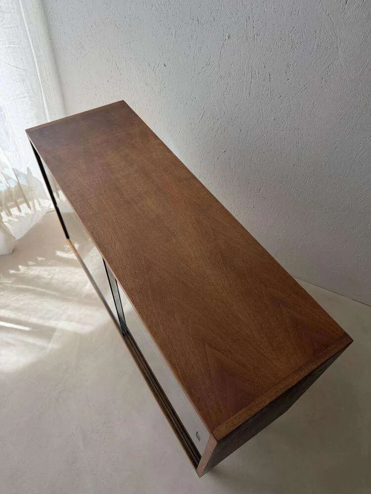 Walnut display cabinet from the 60s with smoked glass