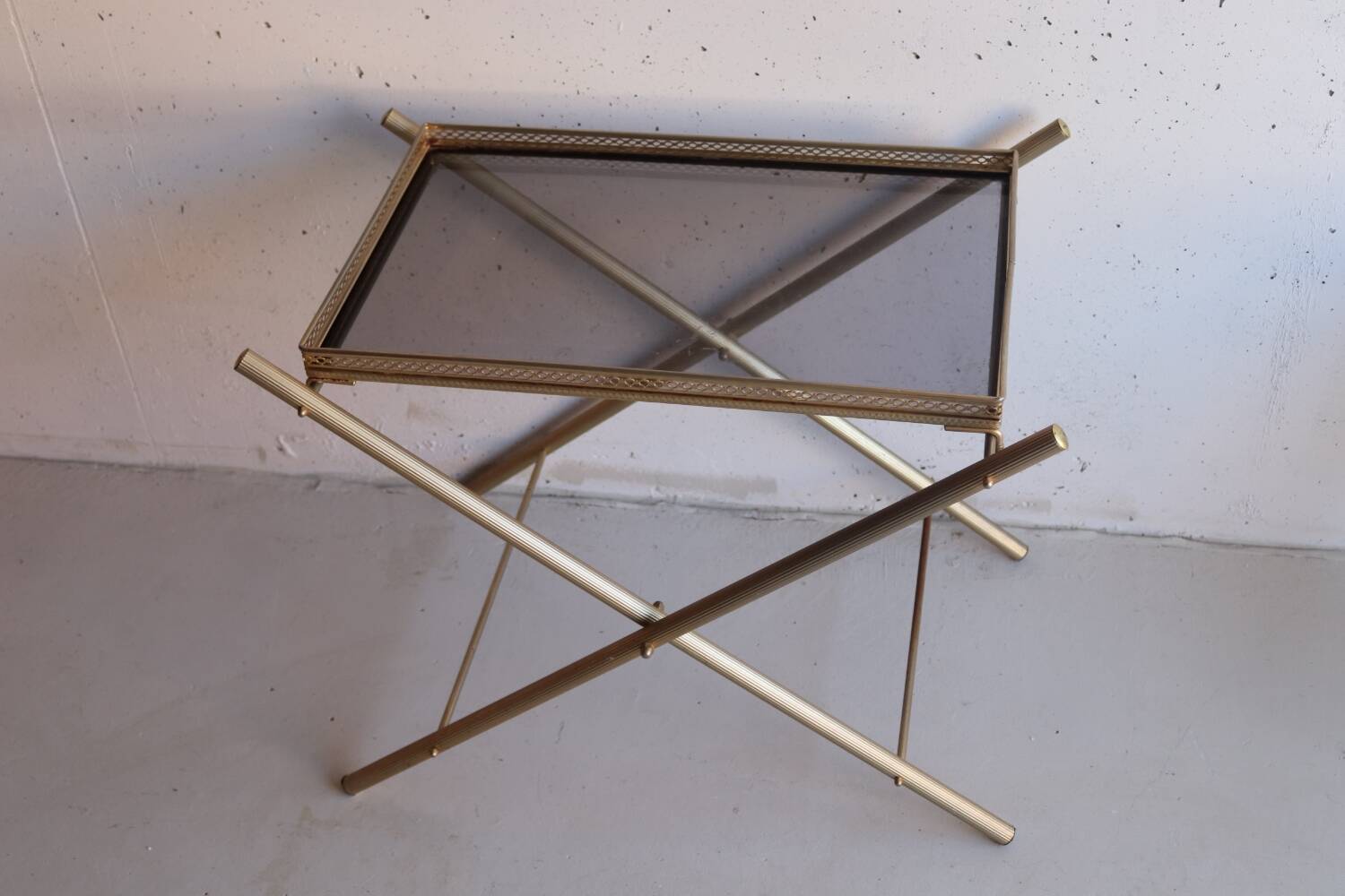Serving tray, vintage serving tray in smoked glass and gold metal