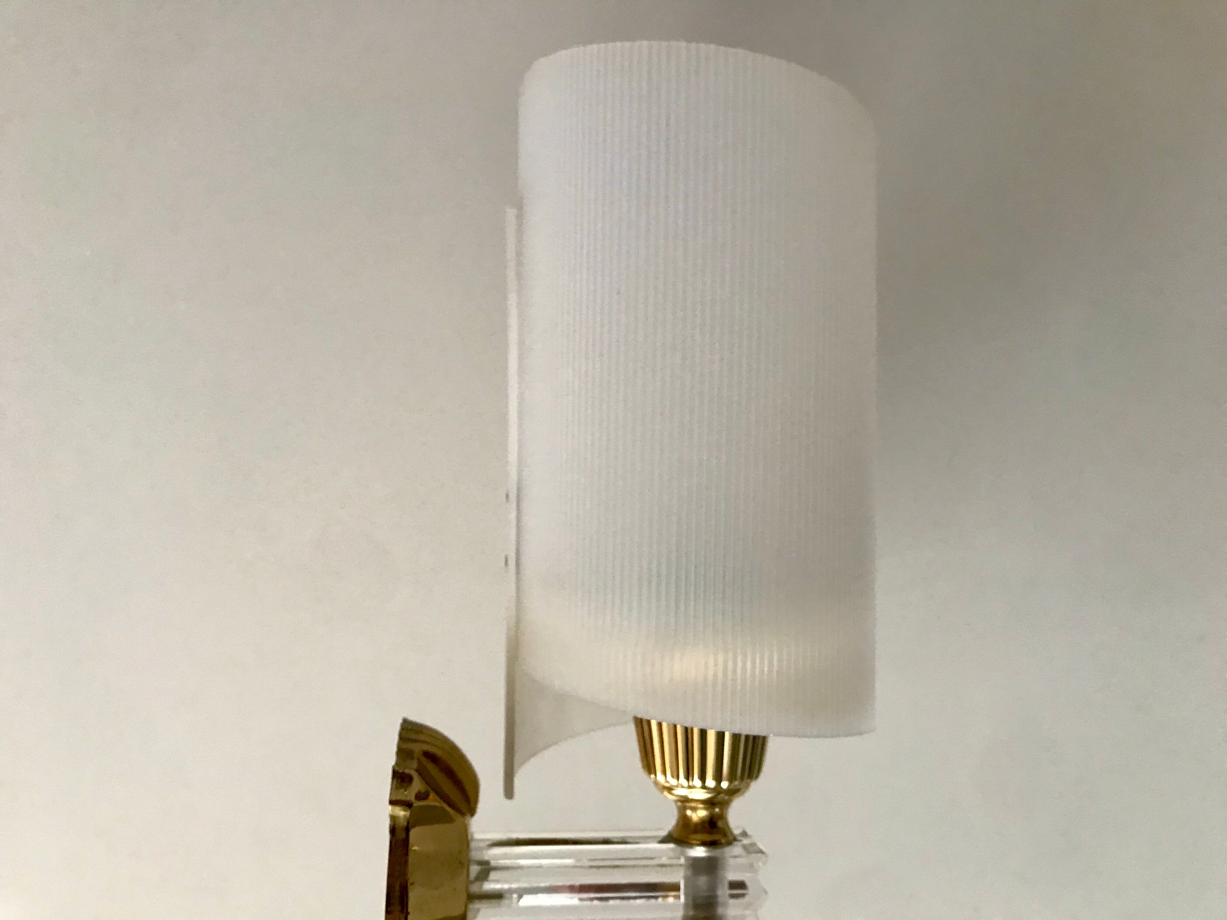 Pair of gold steel wall lamps, plexi and pleated plastic shades 60s-70s