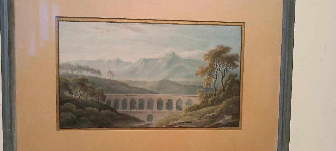 Aquarelle ancienne sur papier du début du XIXe siècle – paysage avec aqueduc.