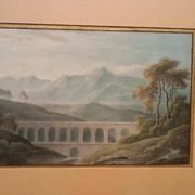 Aquarelle ancienne sur papier du début du XIXe siècle – paysage avec aquedu