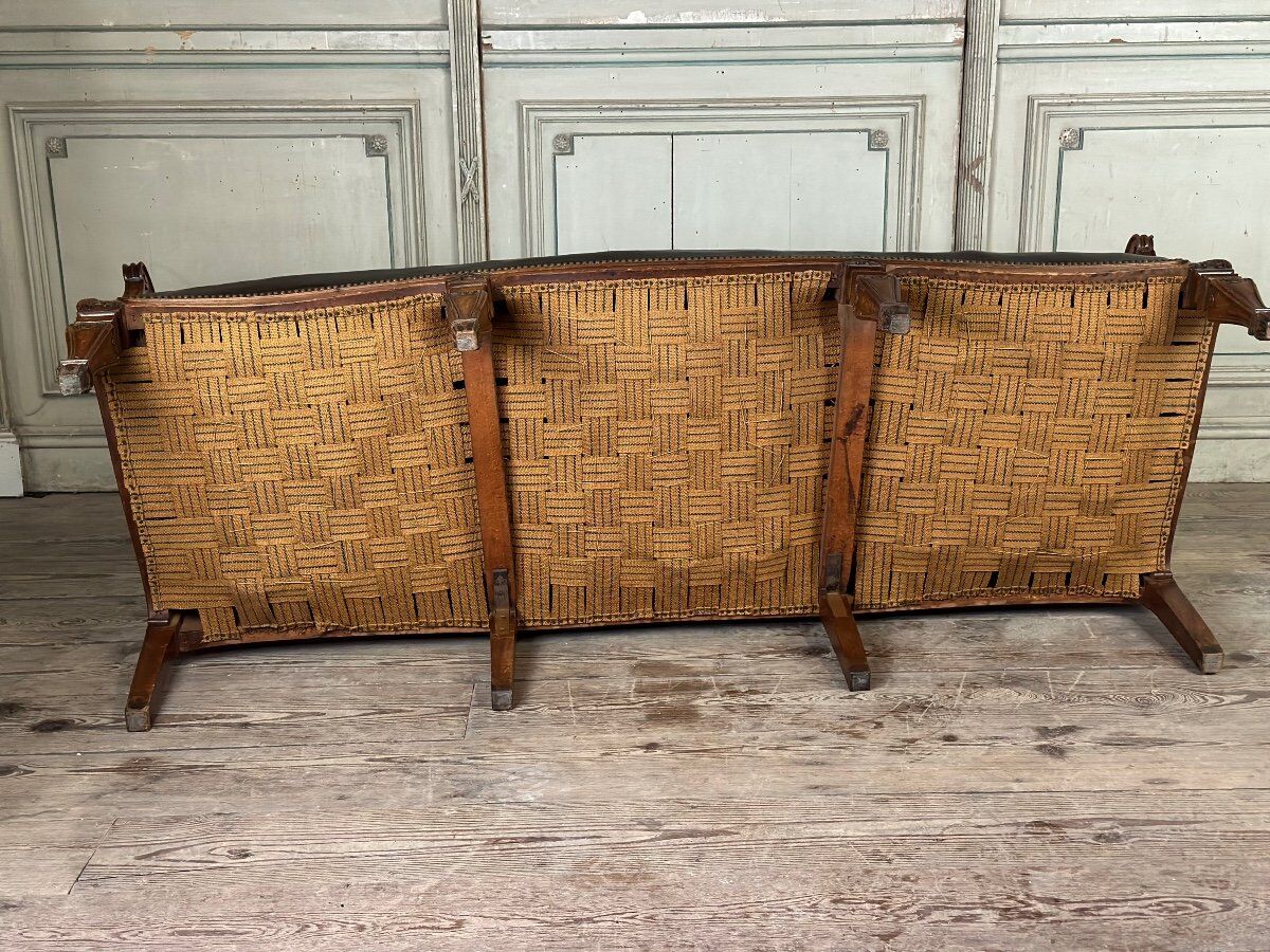 Napoleon III style bench in carved walnut, synthetic leather circa 1880