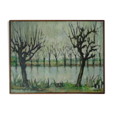 Landscape painting riverside 1964 vintage M. Fargette