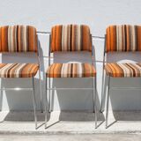 Lot 3 chairs vintage fabric, chrome metal chair, orange/brown/beige wool fabric, retro