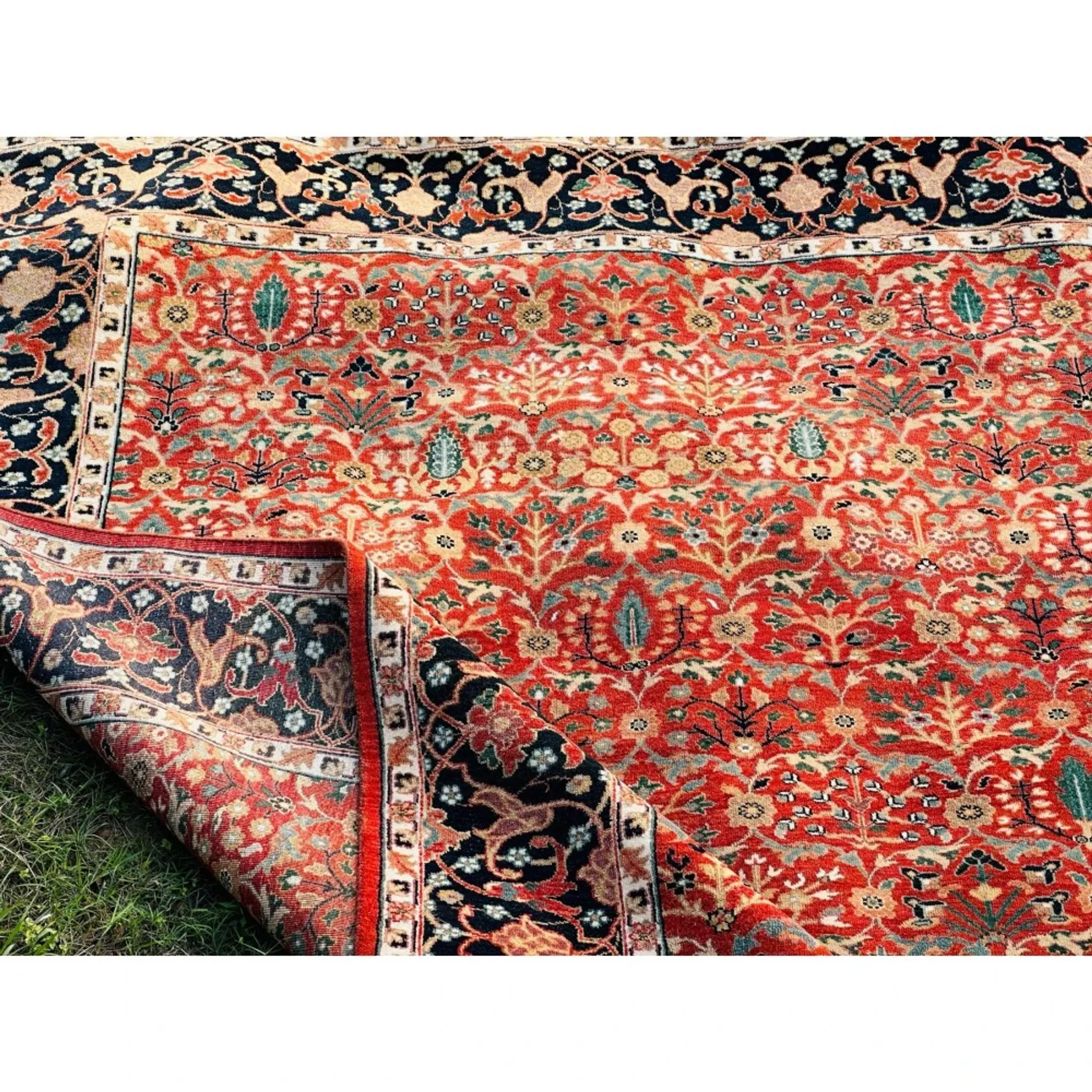 Hand-Knotted Area Rug with Floral Design, Red Wool Carpet for Living Room