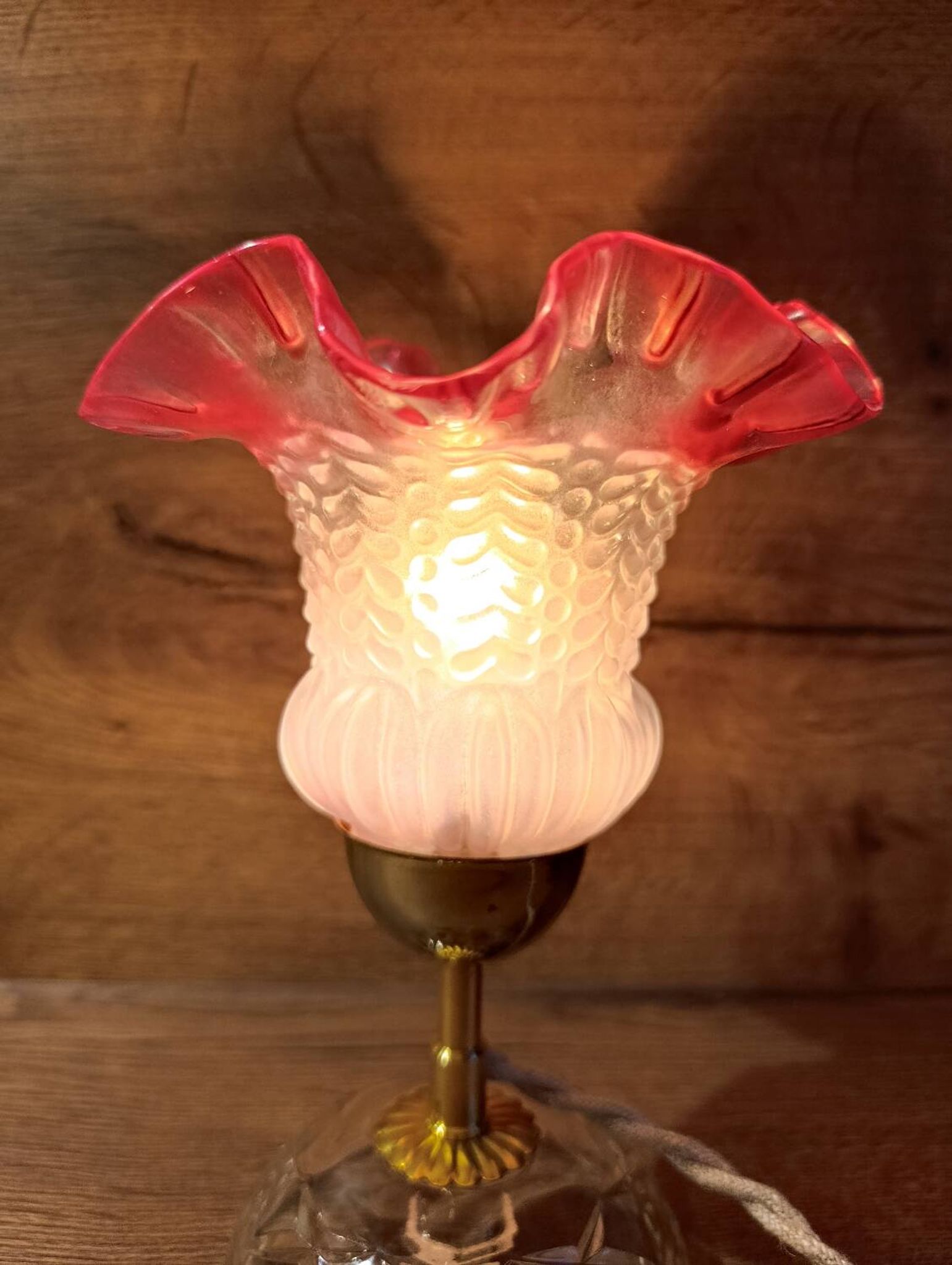 Upcycled vintage pink tulip glass table lamp