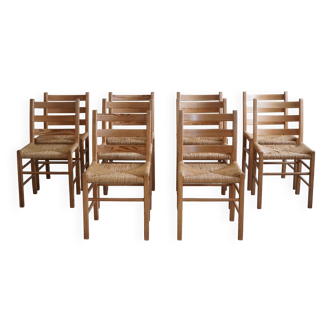 Set of 10 dining chairs in pine with sea grass seats, Danish design from the mid-20th century.