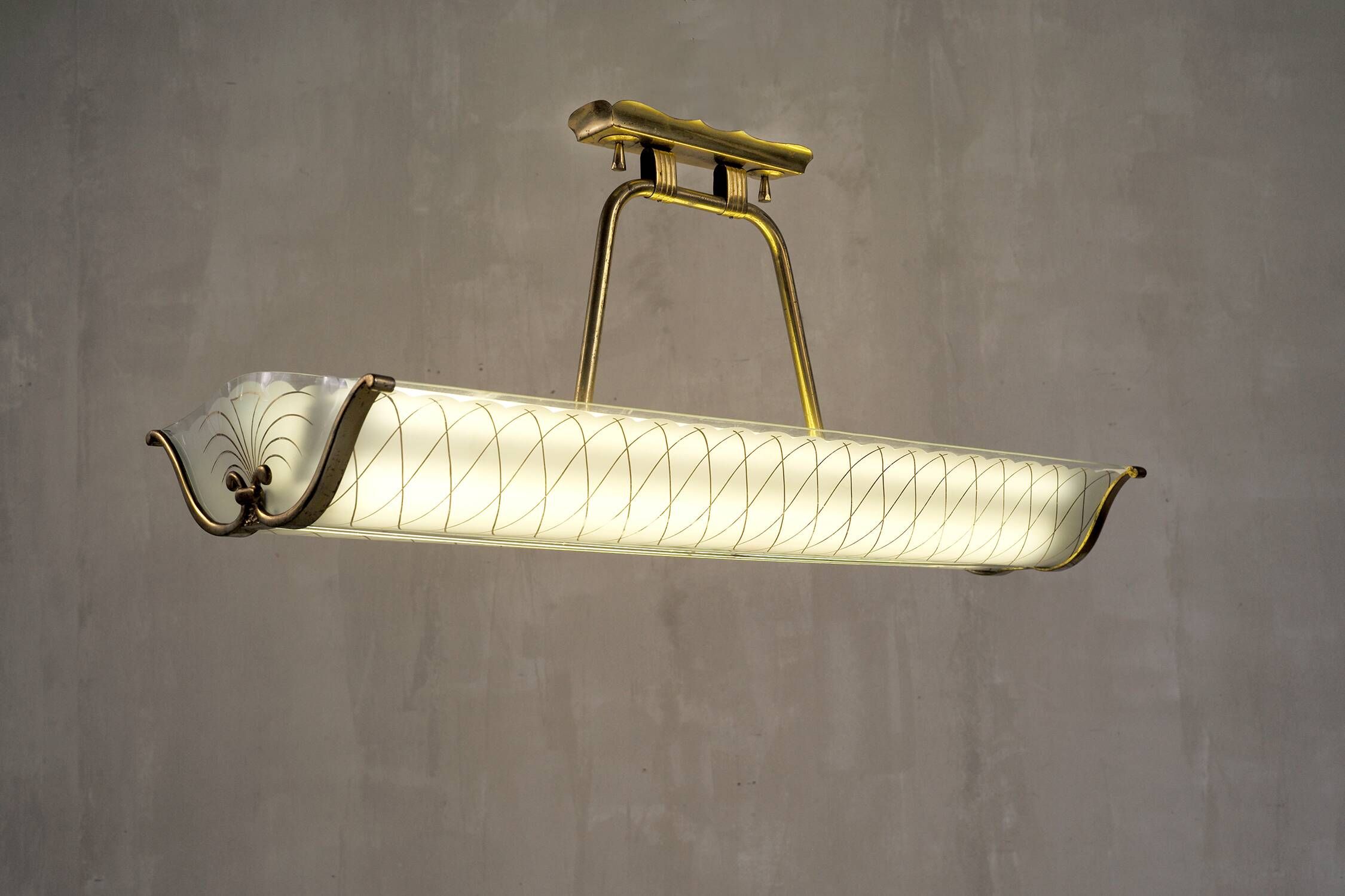 Large cast glass and brass pendant light Maison Lunel France 1960