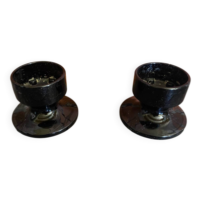 Paire Bougeoir Ancien Space Age Opaline Noire Années 70 Vintage
