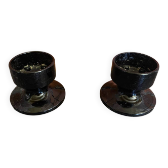 Pair of Vintage 1970s Space Age Black Opaline Candle Holders