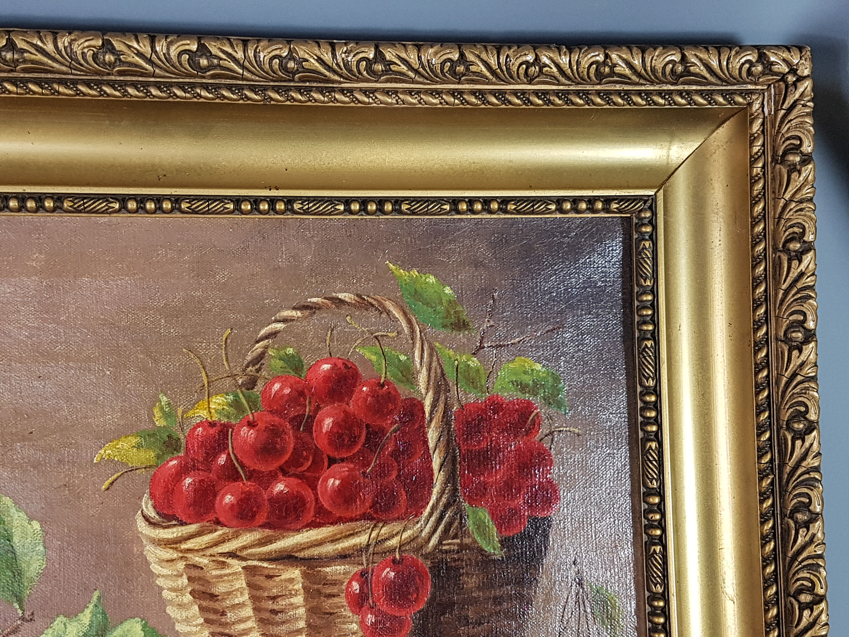 Ancient still life with cherries - peaches Oil on canvas 59x50 cm