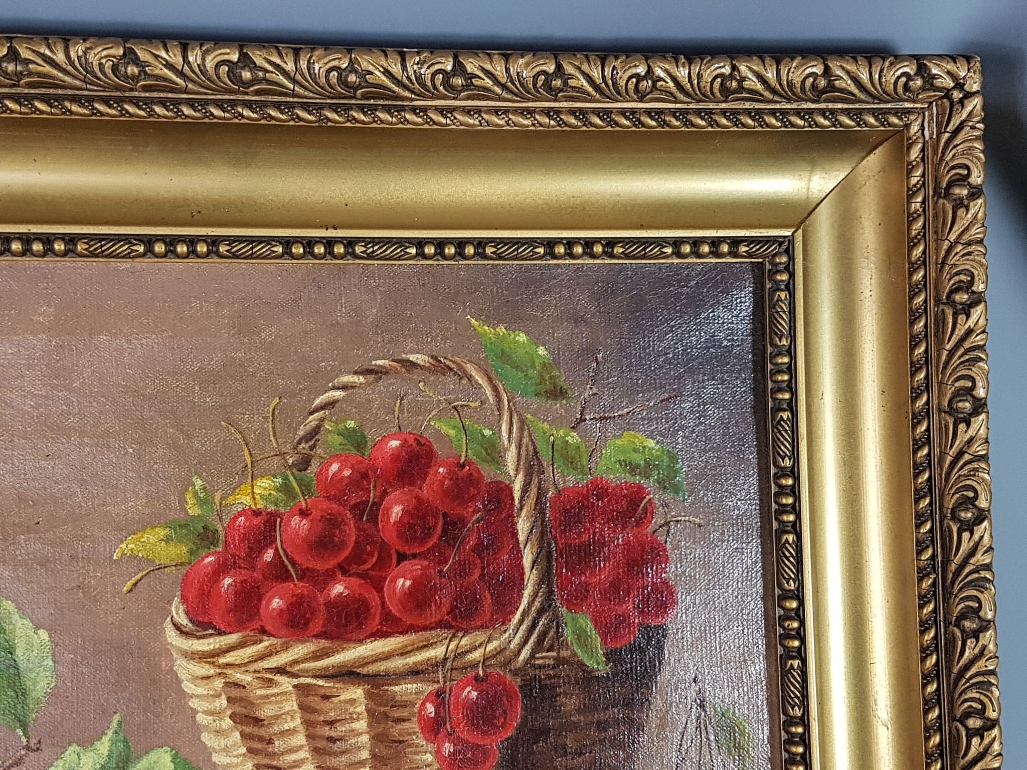 Nature morte aux cerises & pêches huile sur toile 59x50 cm