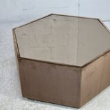 Space age table, hexagonal. Wood, velvet and smoked mirror. Circa 1970