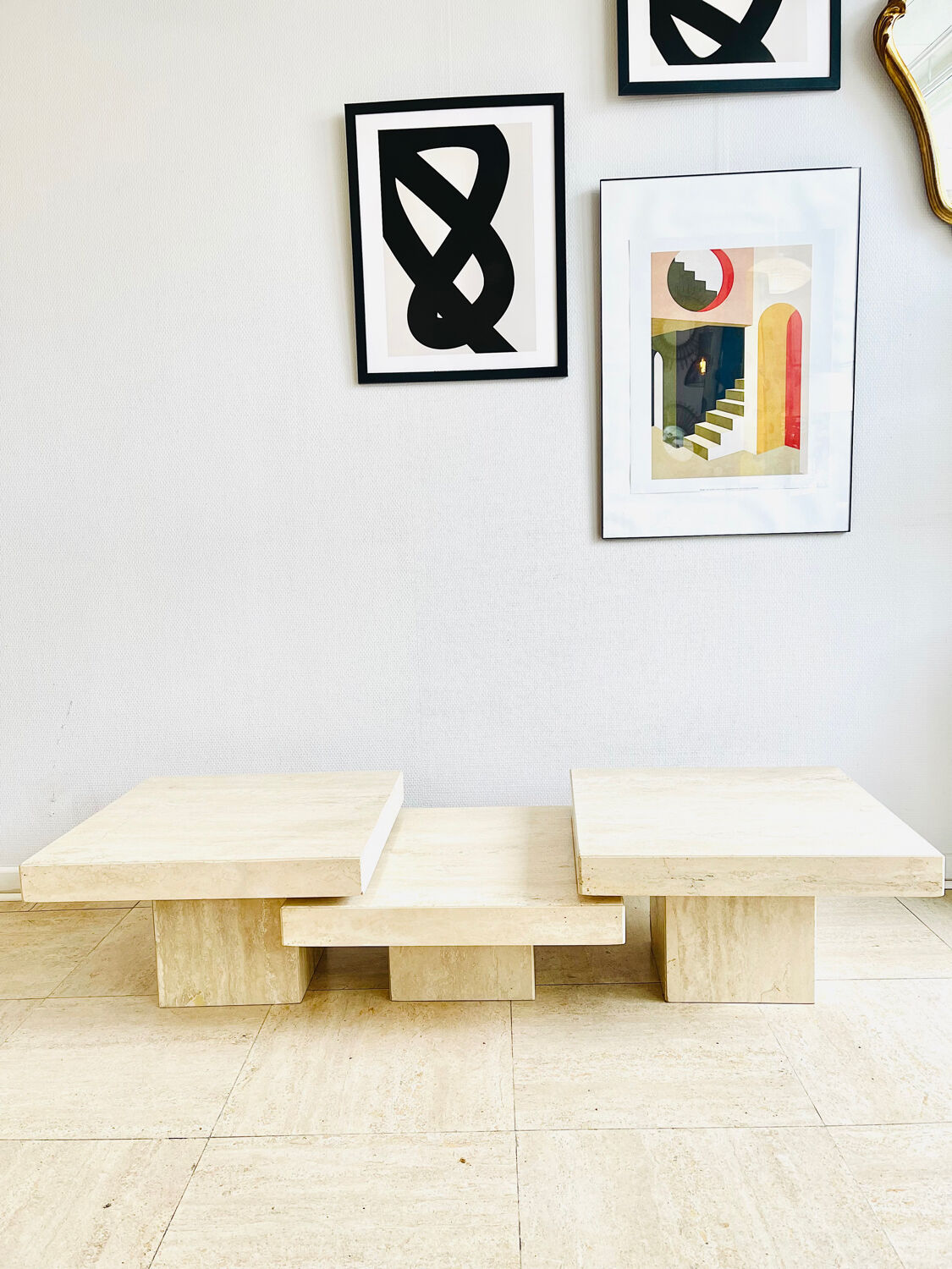 Table basse modulable en travertin – design sculptural années 70