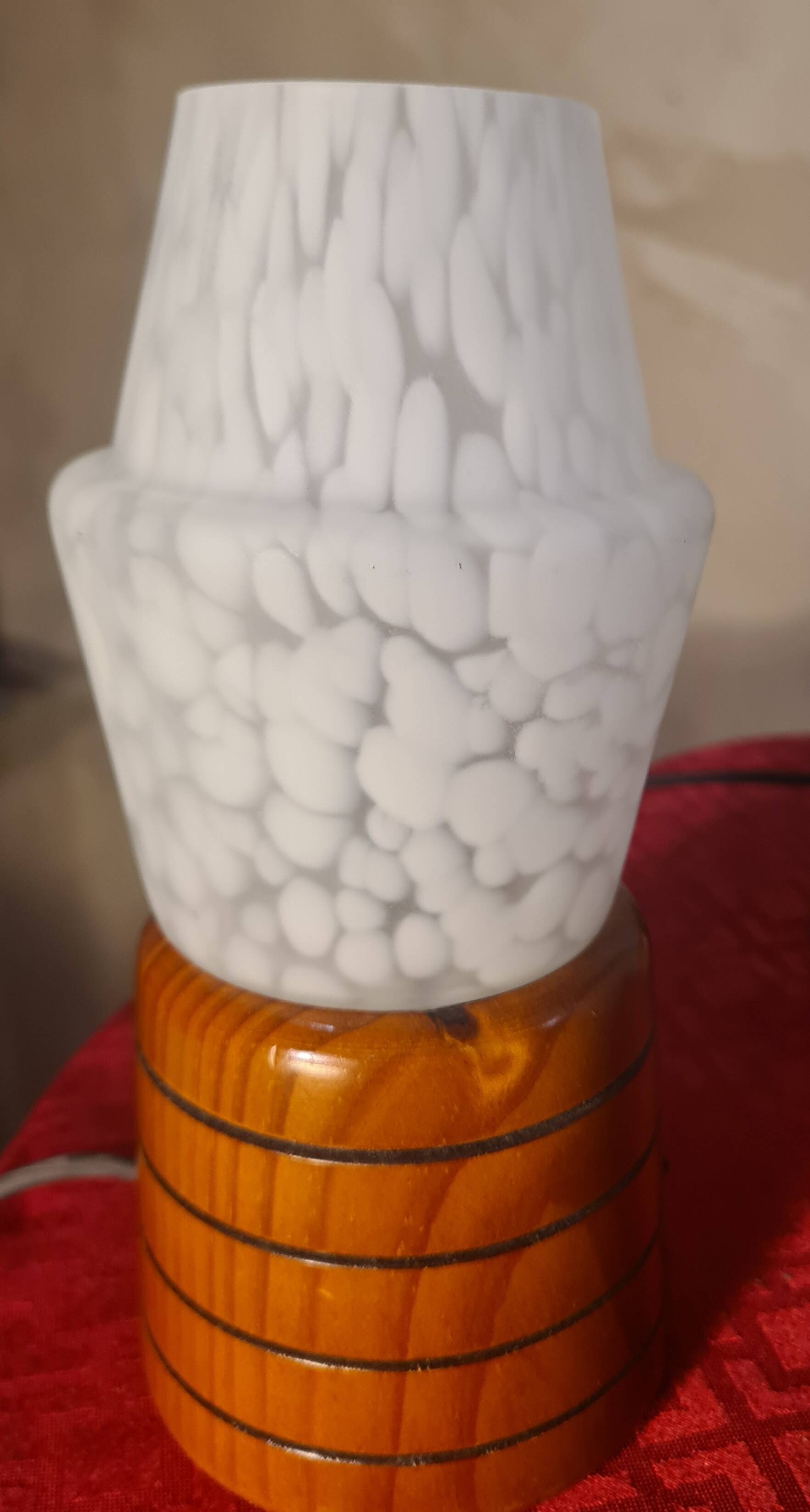 three Scandinavian bedside lamps, turned wood and glass, Clichy 20x9, electric ok