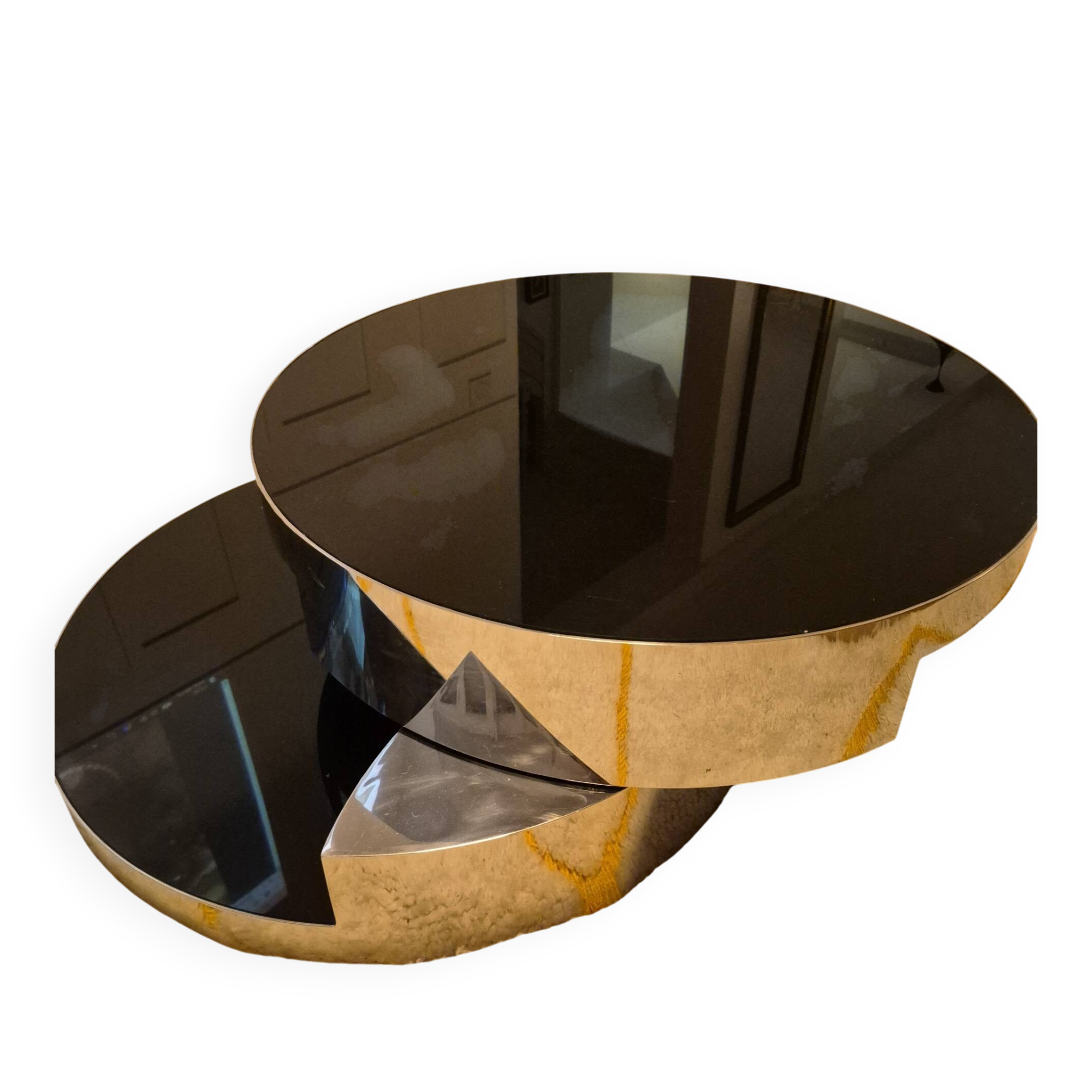 Table basse années 70 pivotante verre noire fumée et chrome