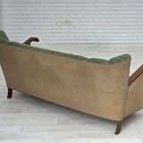 Canapé danois 3 places des années 1950, tissu en laine d'ameublement vert/beige, bois de chêne.