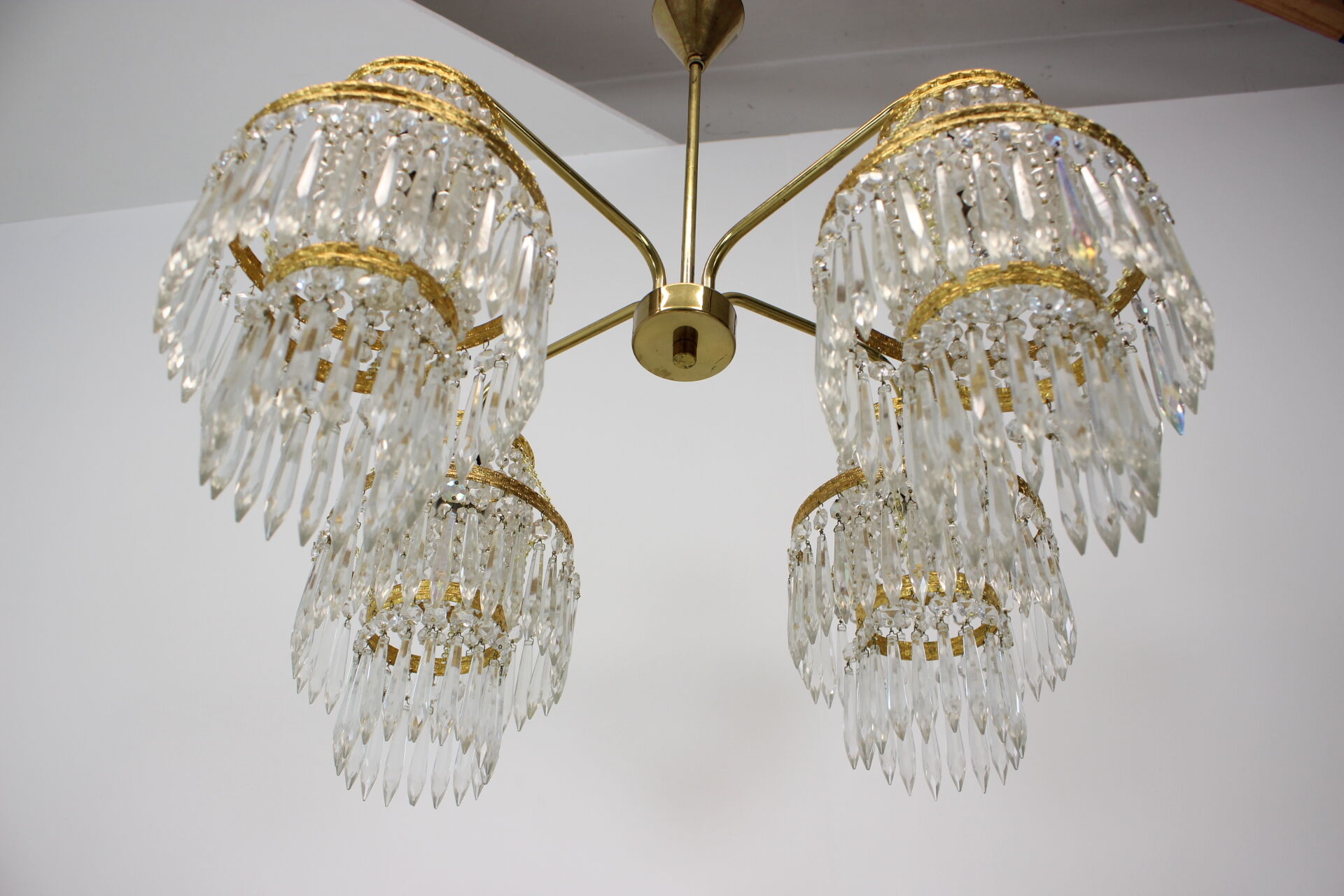 1950s, vintage crystal brass chandelier, železnobrodské sklo,czechoslovakia