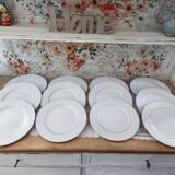 Set of 12 white porcelain dinner plates with double silver rim