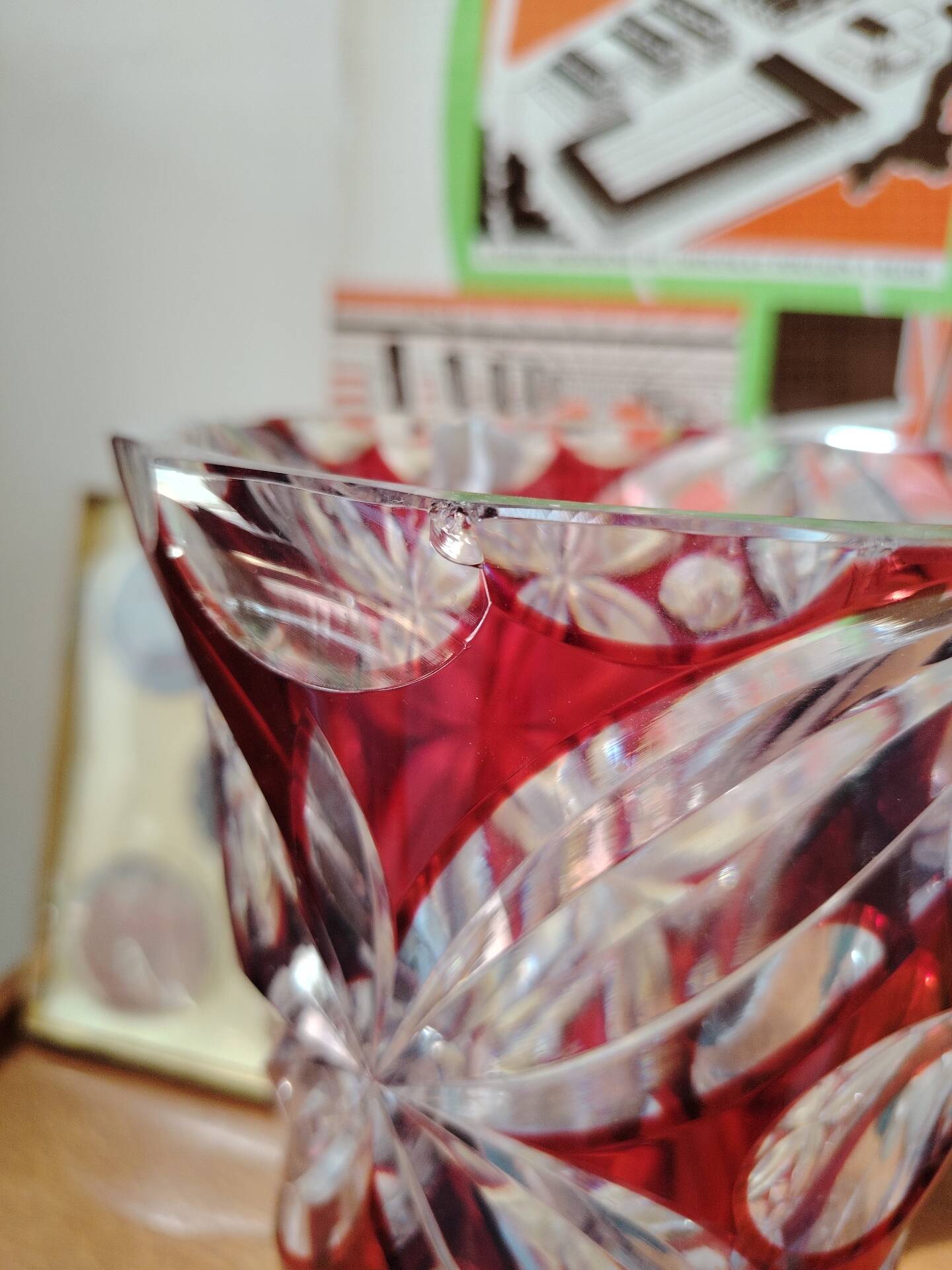 Large ruby red cut crystal vase, handmade, 1960.