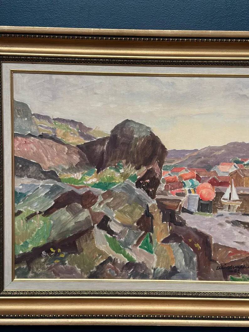 Original Swedish Oil on Canvas - 'The Dark Cliff' by Ellis Wallin - Signed - Dated 1962 - Vintage and Framed