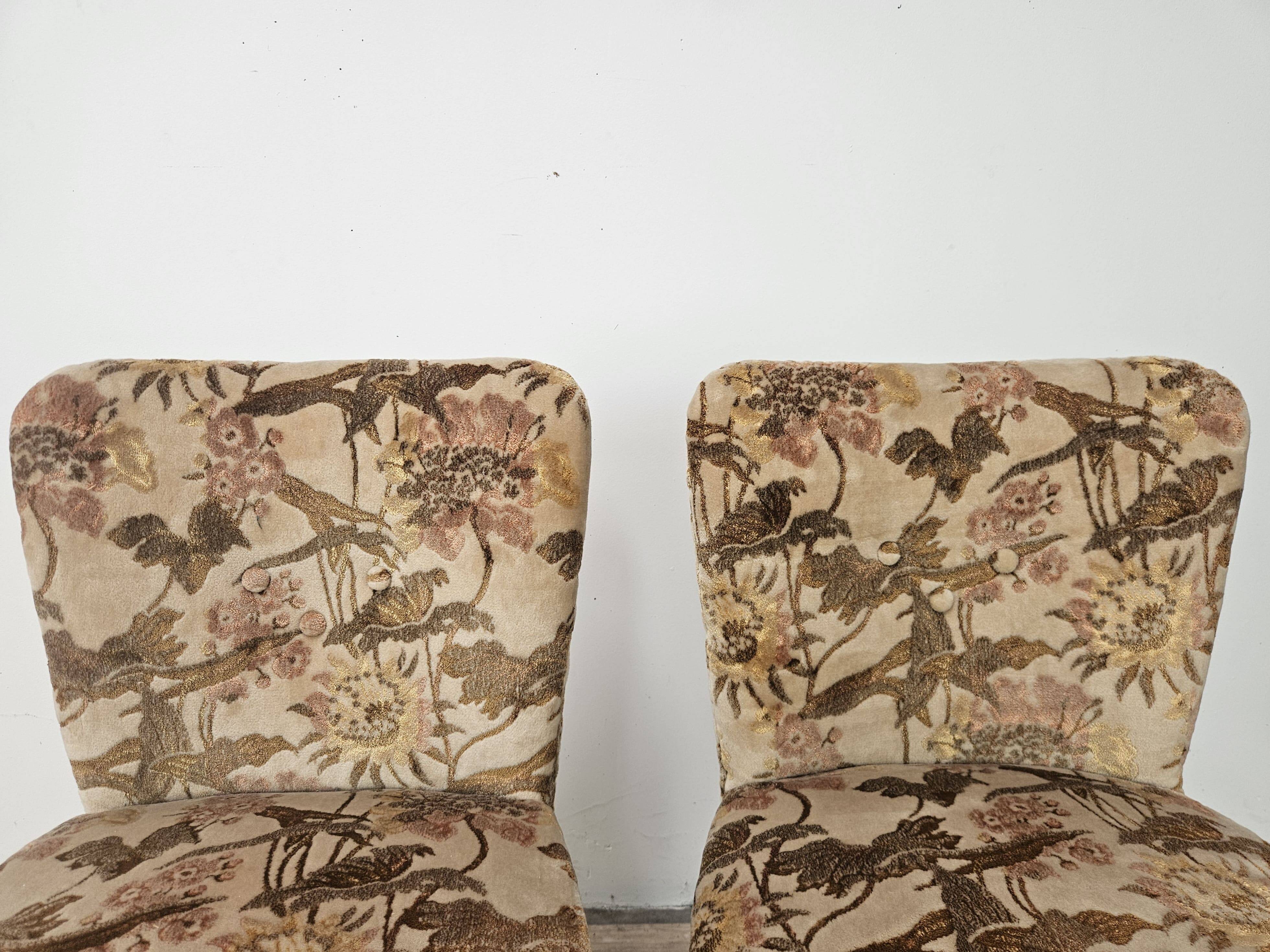 Pair of bedroom armchairs in walnut and fabric, 1960