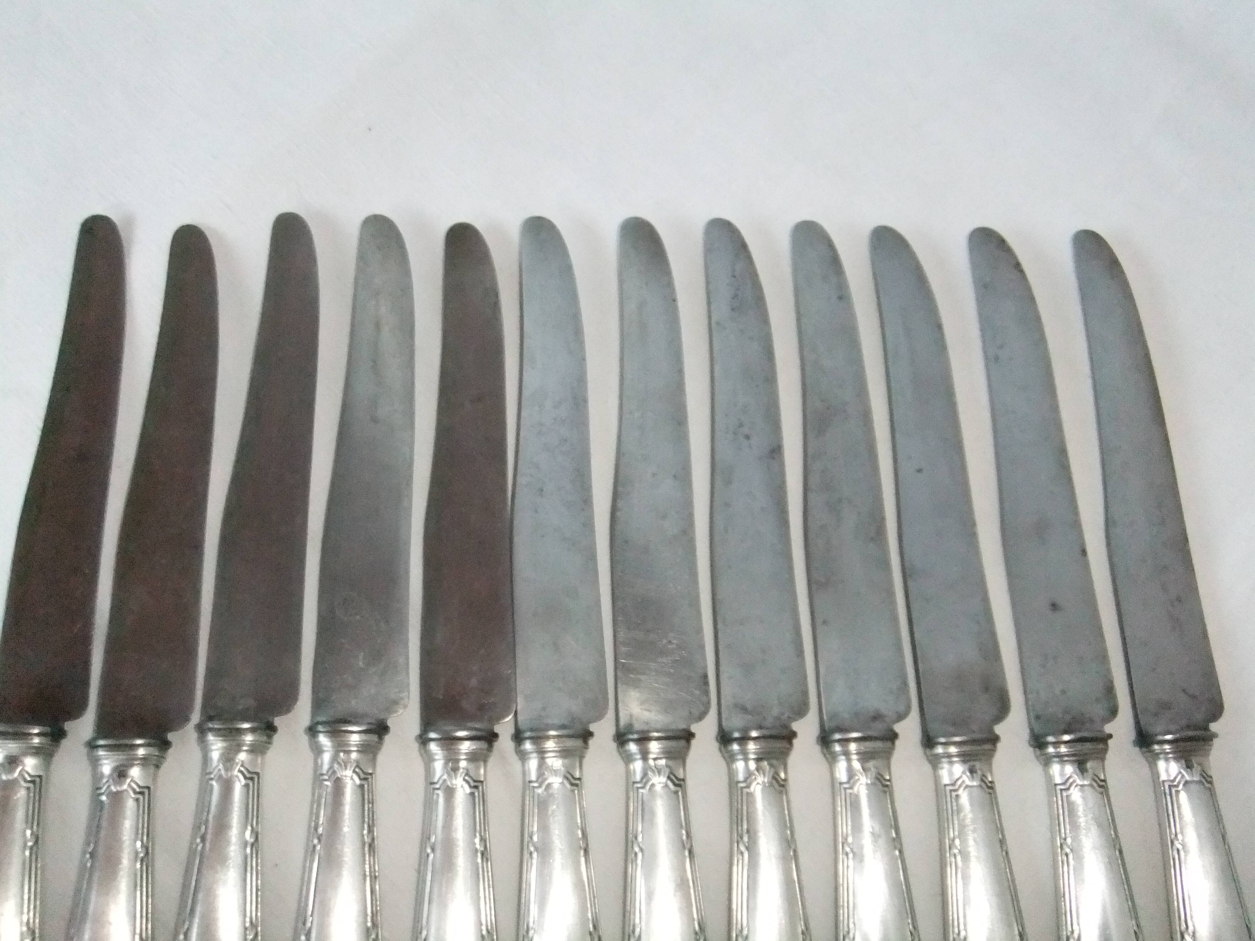 12 Christofle table knives Louis XVI bow ribbon Silver metal punch balance steel blade