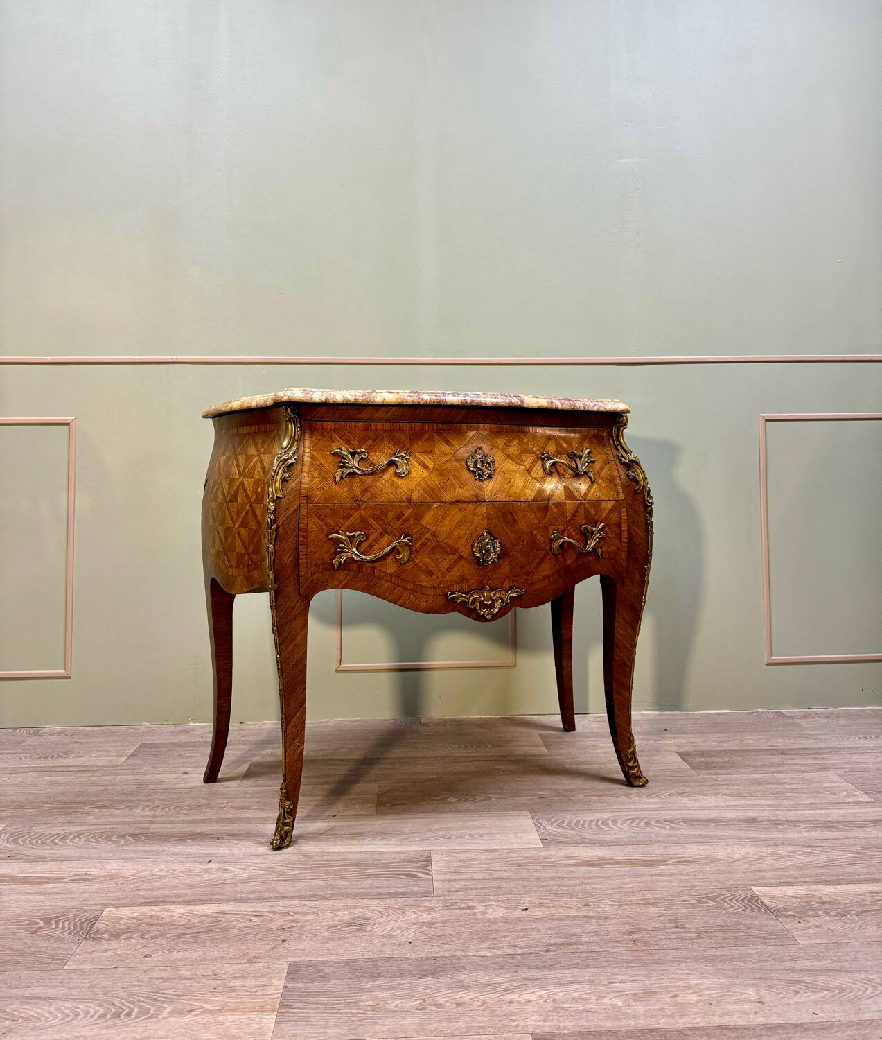 Curved sauteuse commode in stamped marquetry louis xv style xix eme century