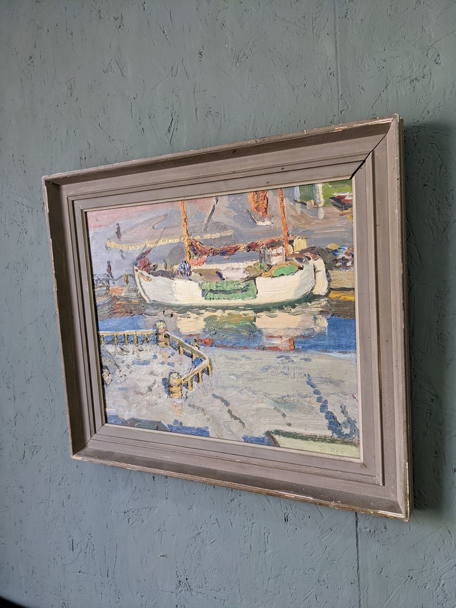 Mid-century modern "the dock" swedish seascape oil painting, framed