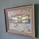 Mid-century modern "the dock" swedish seascape oil painting, framed