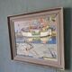 Mid-century modern "the dock" swedish seascape oil painting, framed