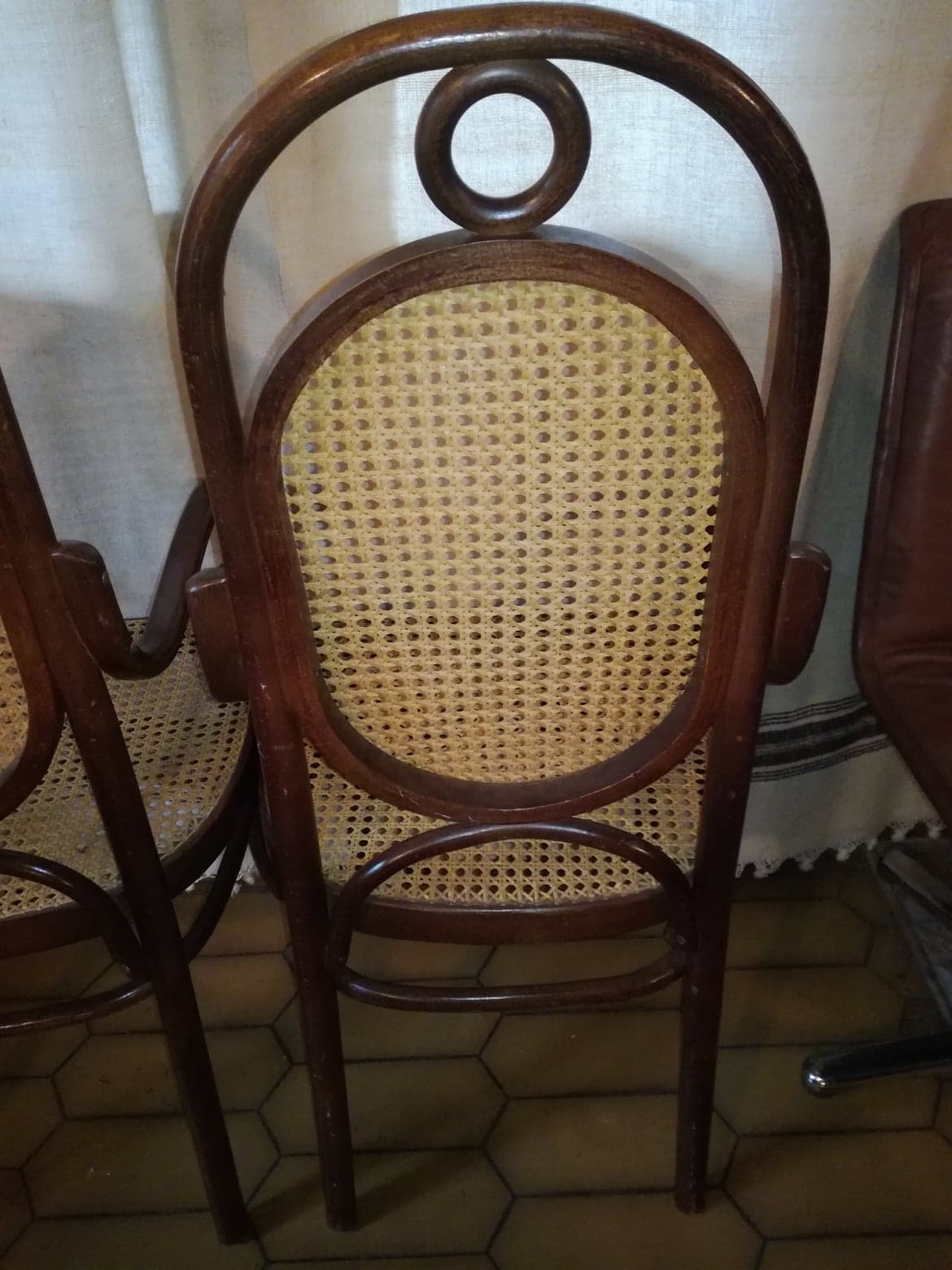 Pair of curved wooden armchairs and caning Thonet N ° 17 or long John 1920