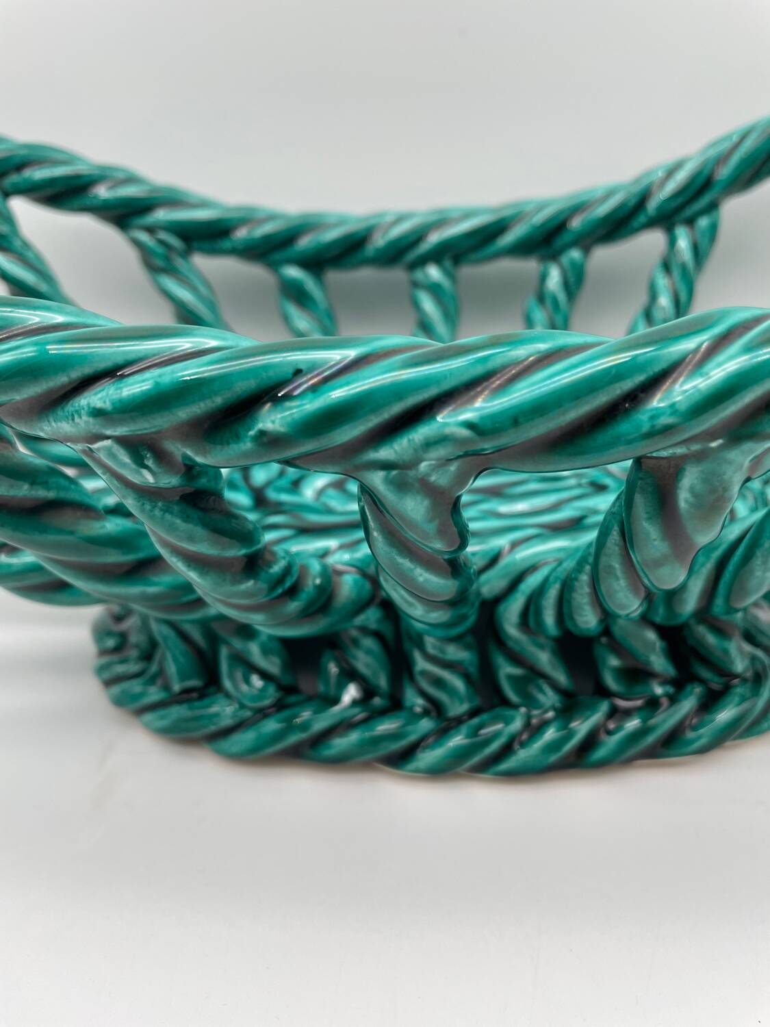 Vintage fruit basket in green enamelled woven earthenware