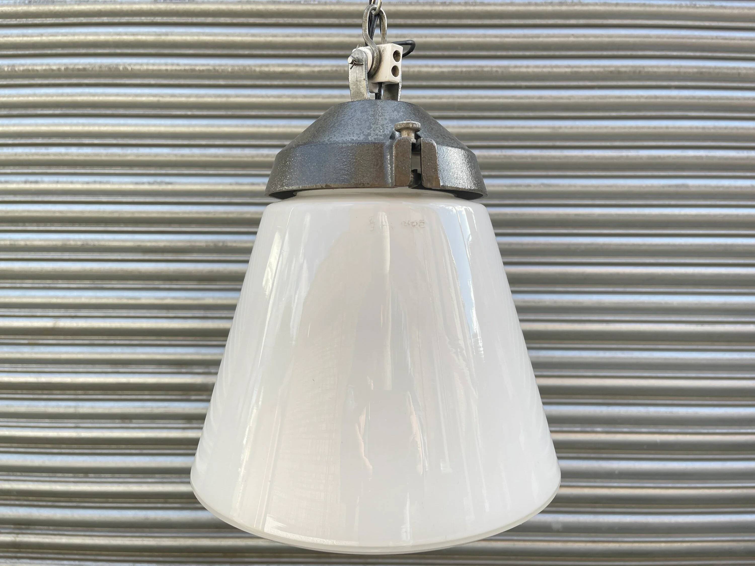 1930s industrial opaline pendant light by Siemens